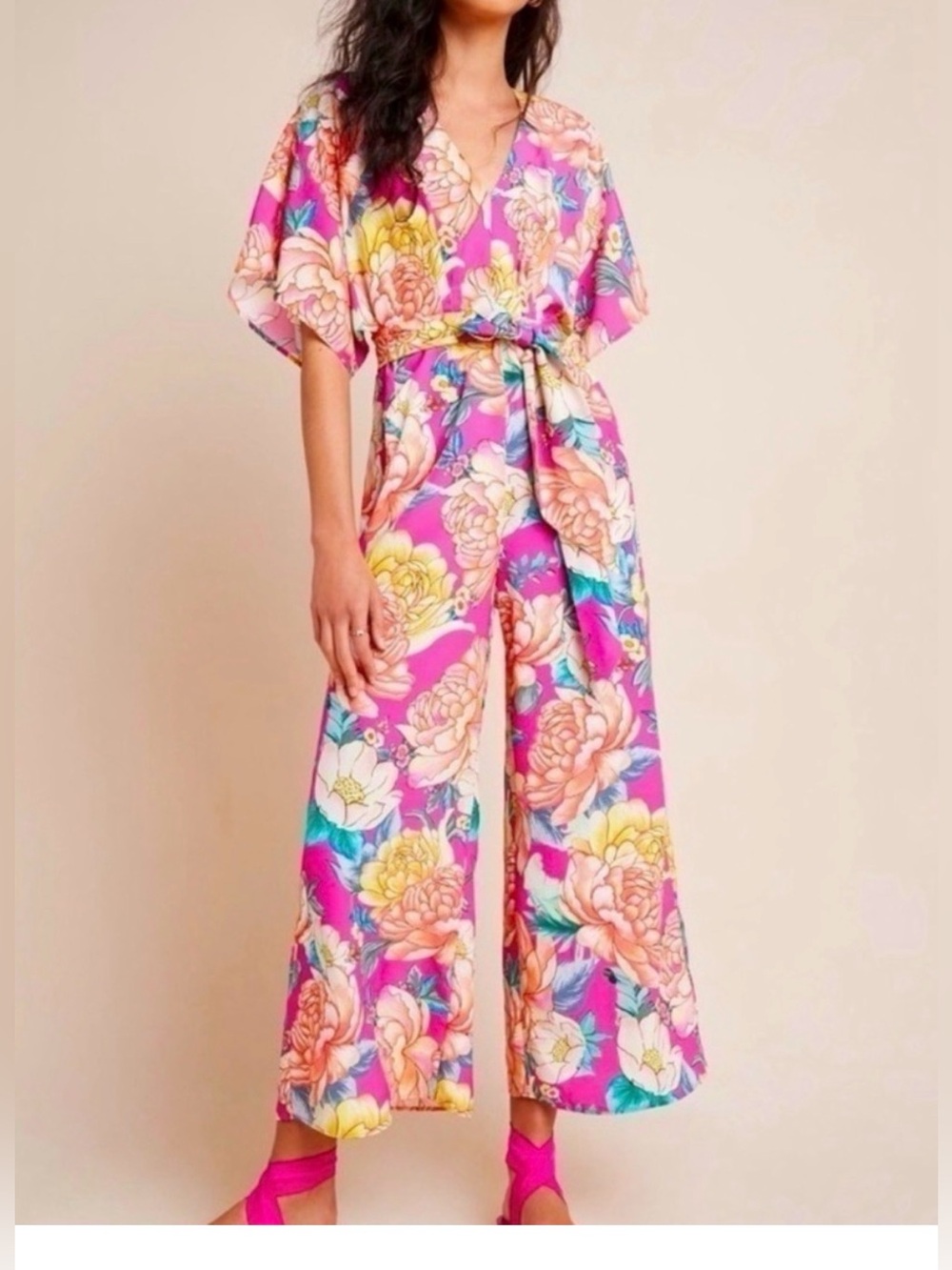 FARM Rio Pink Floral Tie-Waist Wide-Leg Jumpsuit